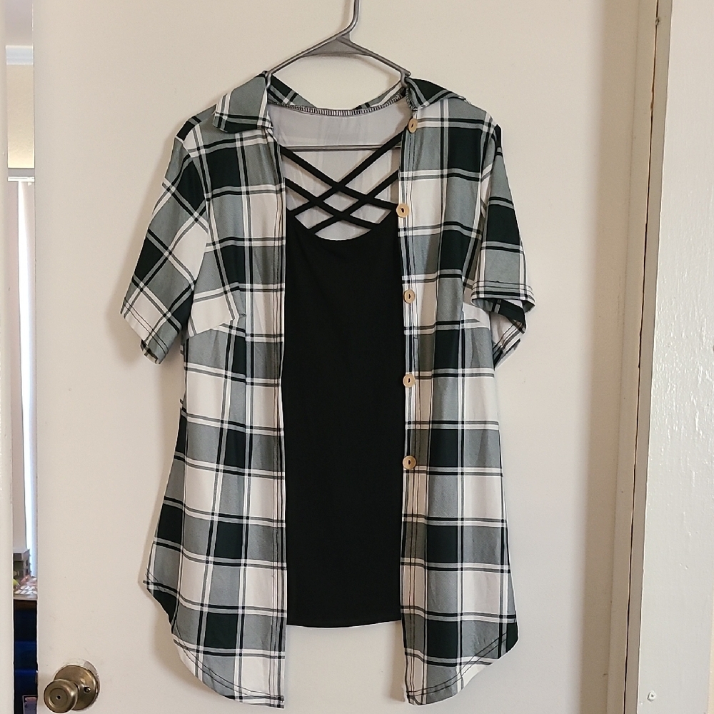 SHEIN Green Plaid Button-Down Shirt with Black Tank